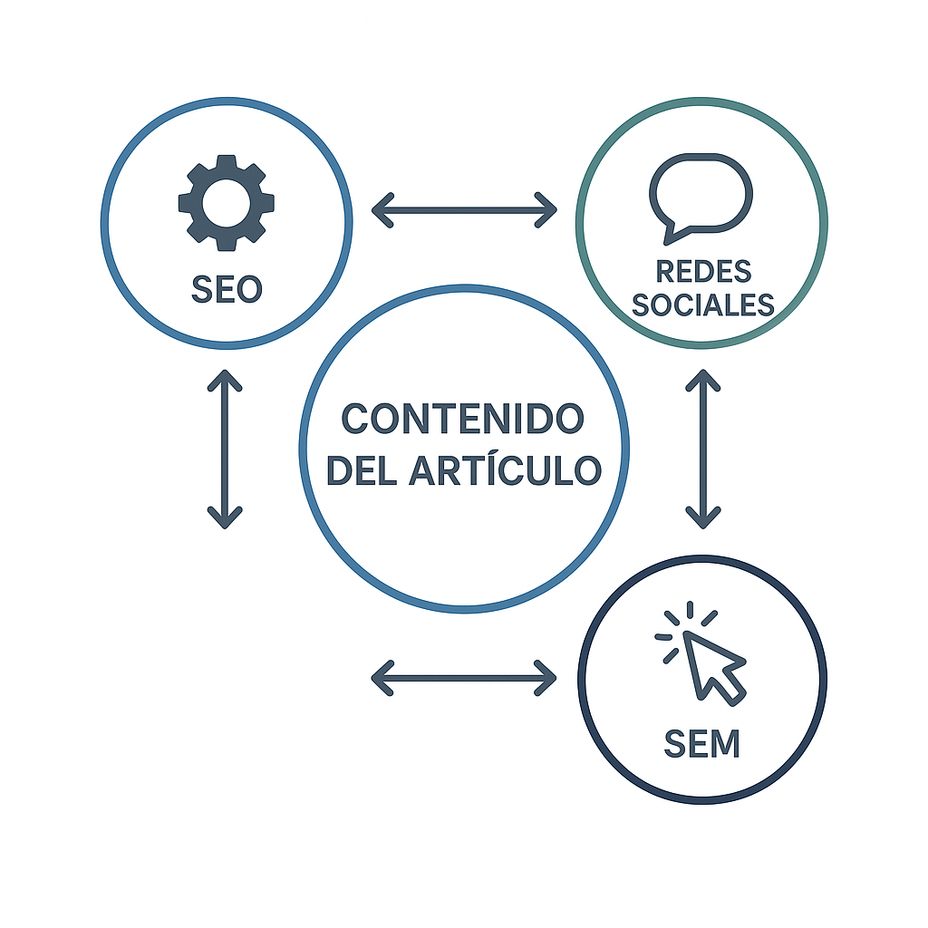 Esquema que ilustra la estrategia integrada de marketing de contenidos, conectando SEO, Redes Sociales y SEM como pilares para promocionar un artículo.
