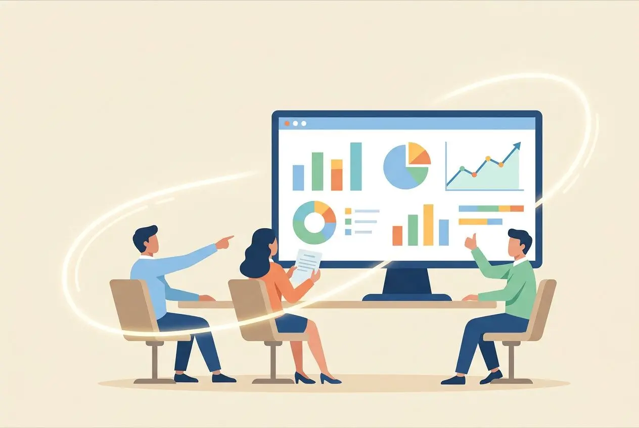 Trois professionnels analysant des graphiques sur un grand écran, orientation montre l’optimisation des campagnes et les avantages du sms marketing.
