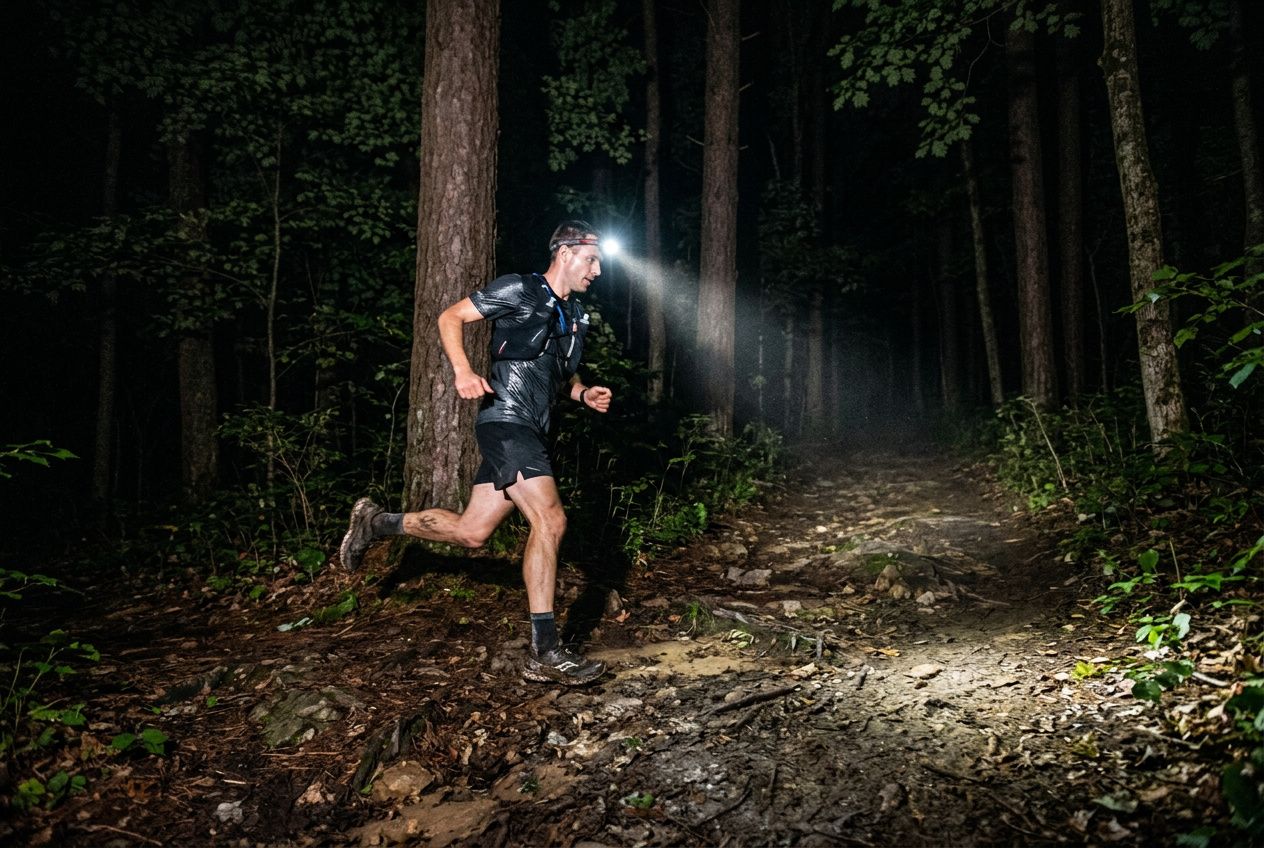 Athlète courant dans une forêt nocturne avec une lampe frontale éclairant le chemin. Lampe pour courir la nuit utilisée.