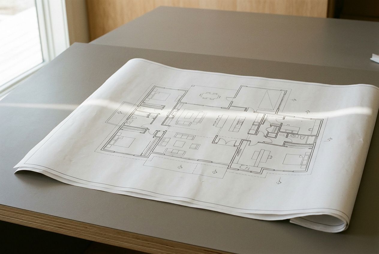 Plan d’architecture détaillé sur planches, posé sur une table, prêt à être utilisé par un constructeur maison individuelle plain-pied.