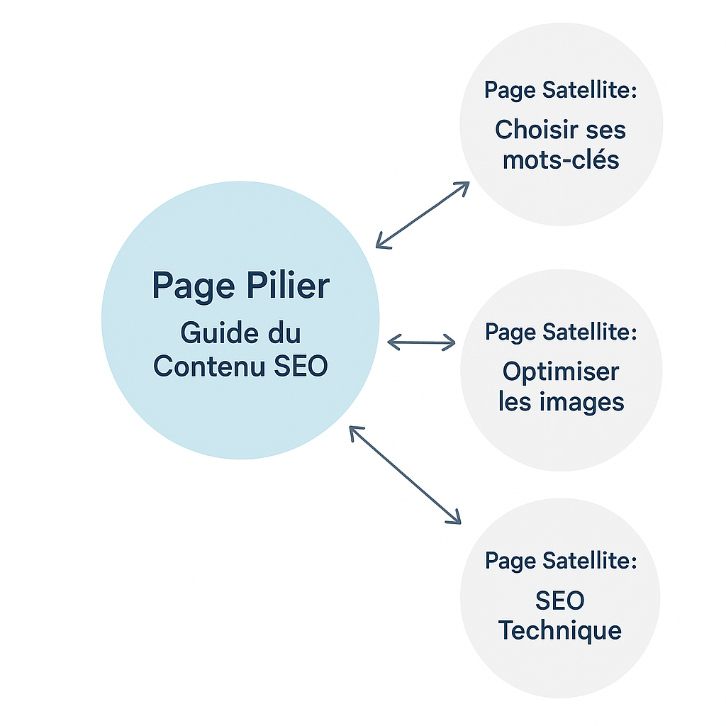 Schéma d'un maillage interne en cocon sémantique, avec une page pilier centrale reliée à des pages satellites pour optimiser le référencement.