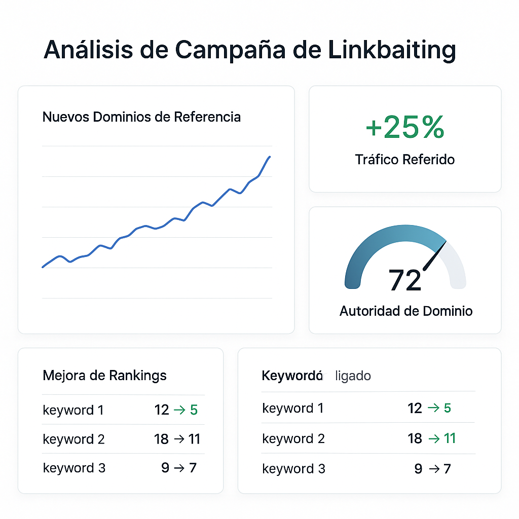 Dashboard de análisis SEO que muestra los resultados de una campaña de linkbaiting, con gráficos de aumento de dominios de referencia, tráfico referido, autoridad de dominio y mejora en los rankings de palabras clave.