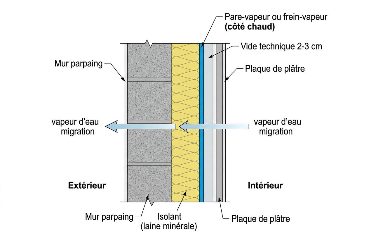 Diagramme schématique montrant le pare-vapeur mur intérieur entre l’extérieur et l’intérieur, avec isolant laine minérale, plaques de plâtre et lame d’air. Migration d’eau et vapeur dirigée vers l’intérieur et l’extérieur.