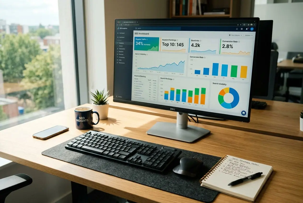 Desktop monitor showing AI SEO analytics dashboard, with charts and metrics for ranking, alongside a keyboard, notebook, and plant. ai seo agents tools concept.