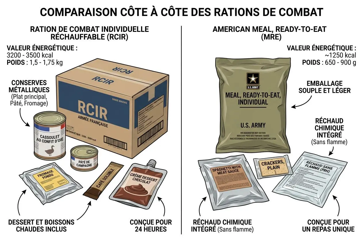 Comparatif côte à côte des rations de combat: RCIR française et américaine MRE avec emballages, plats, desserts et boissons incluses.