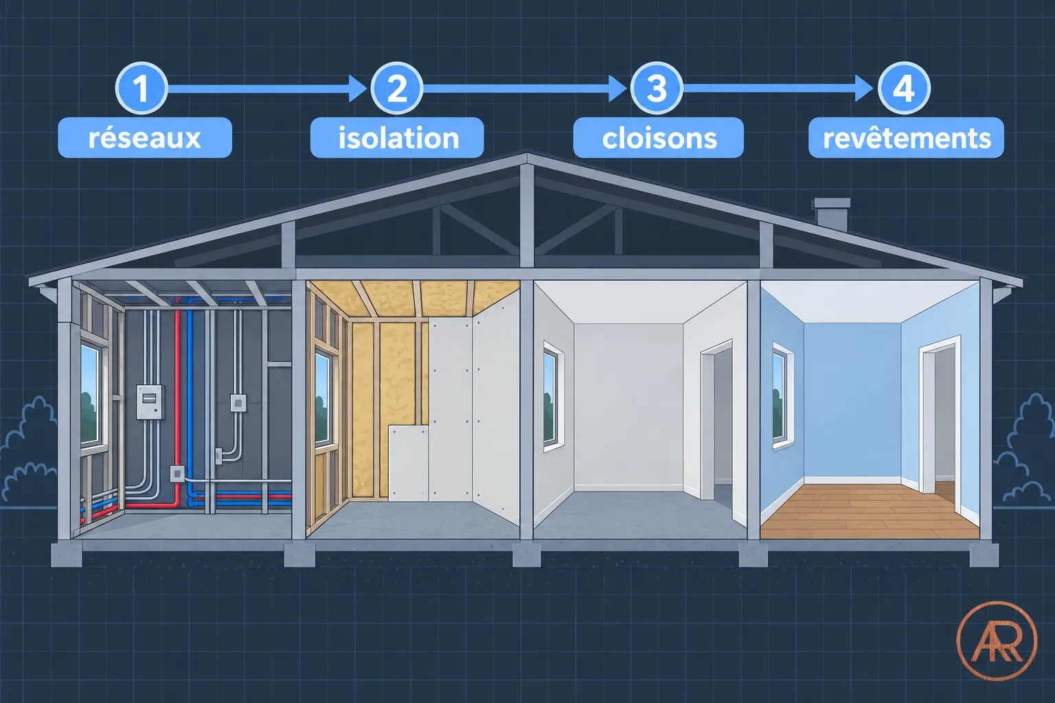 Schéma transversal d’une maison montrant les réseaux, l’isolant, les cloisons et les revêtements dans différentes pièces.
