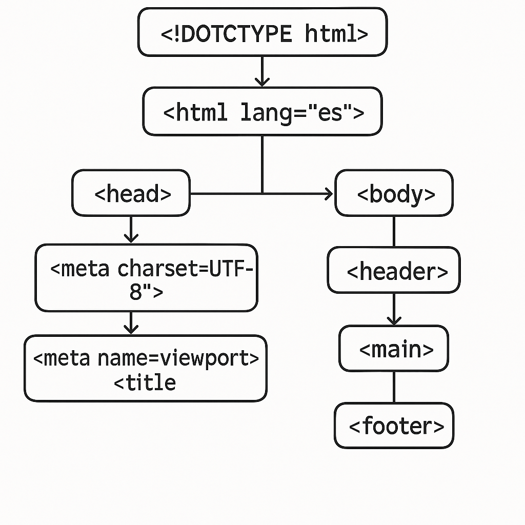 Esquema visual de la estructura básica de un documento HTML5, mostrando las etiquetas esenciales como doctype, html, head, body, meta, title, header, main y footer, con fondo blanco.