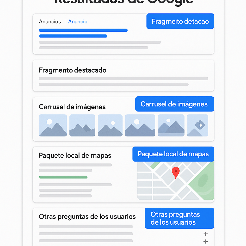 Esquema de los componentes de una SERP de Google, incluyendo resultados orgánicos, anuncios, fragmentos destacados y otros elementos visuales.