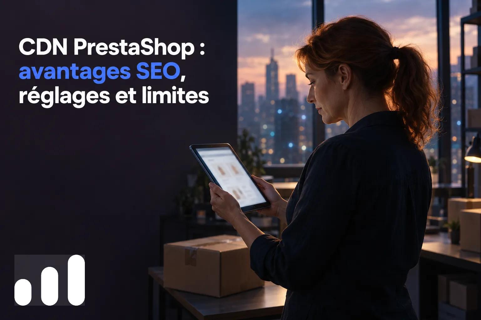 Une femme tient une tablette dans un bureau, avec des lumières urbaines visibles par la fenêtre et des boîtes sur une table.