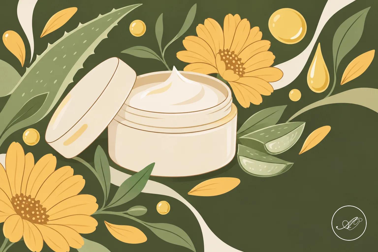 Crème en pot ouverte sur fond floral avec des pétales et feuilles jaunes et vertes.