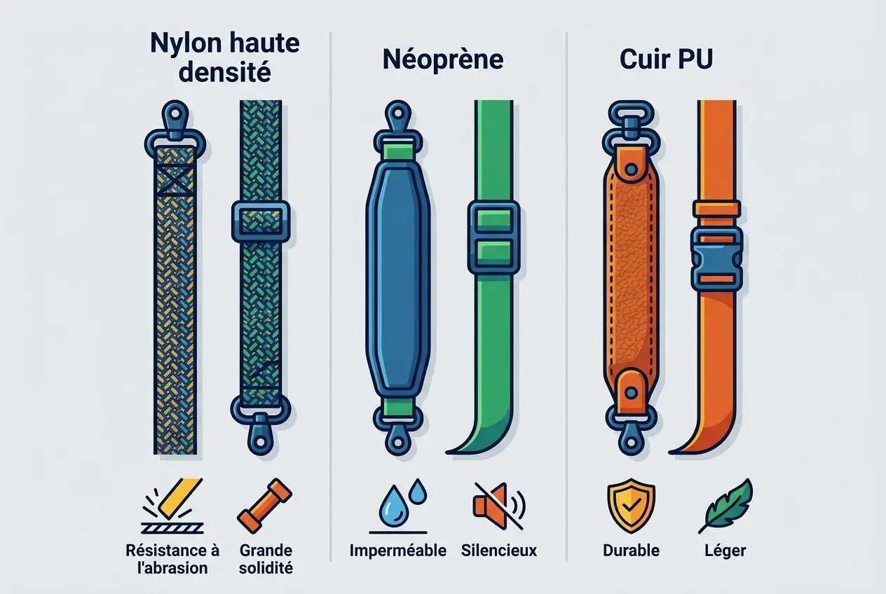 Sangle de fusil et matériaux: nylon haute densité, néoprène et cuir PU, avec résistances et finitions illustrées. Comment choisir sa sangle pour mon arme.