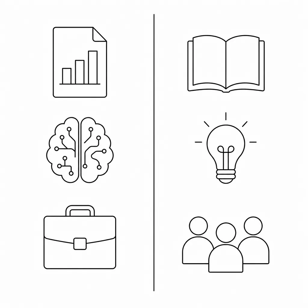 Illustration comparant deux colonnes d'icônes : document, cerveau et mallette d'un côté, livre ouvert, ampoule et groupe de l'autre.