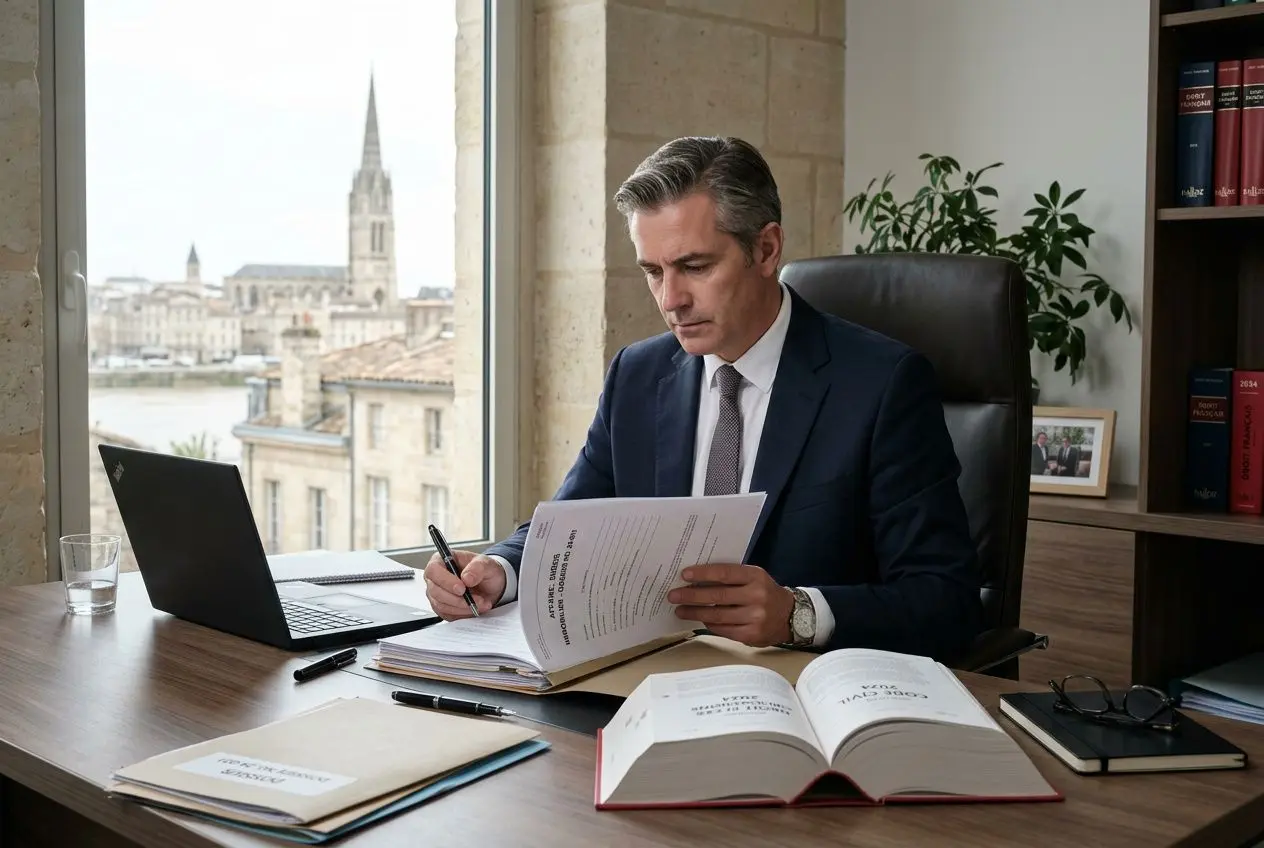 Homme d’affaires en costume noir lit et signe des documents, bureau avec ordinateur, livres et plante, vue urbaine à travers la fenêtre. Légalité d'une enquête privée en France, contexte professionnel.