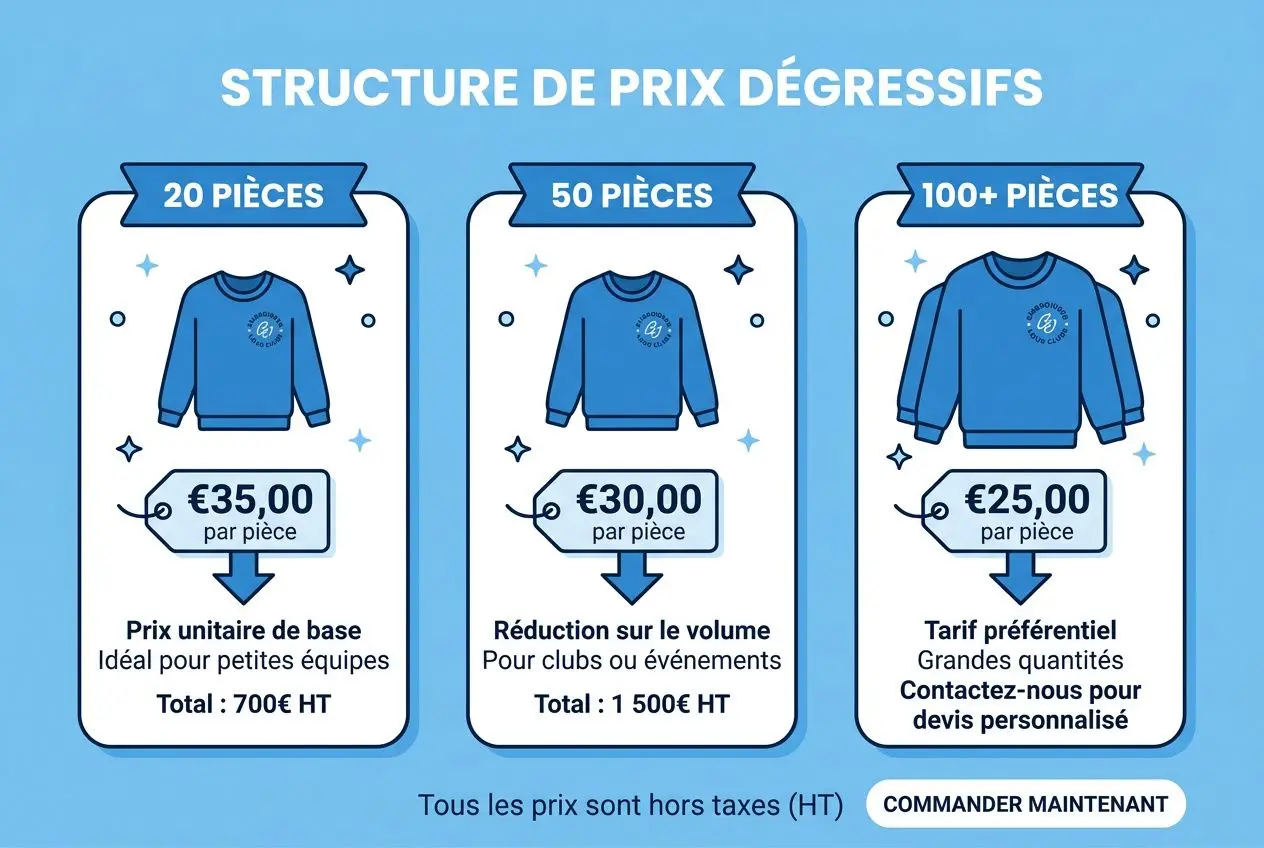 Illustration affichant structure de prix dégressifs pour sweat brodé personnalisé, with 20/50/100+ pièces et tarifs: 35€; 30€; 25€ par pièce, idéaux pour entreprises et associations.
