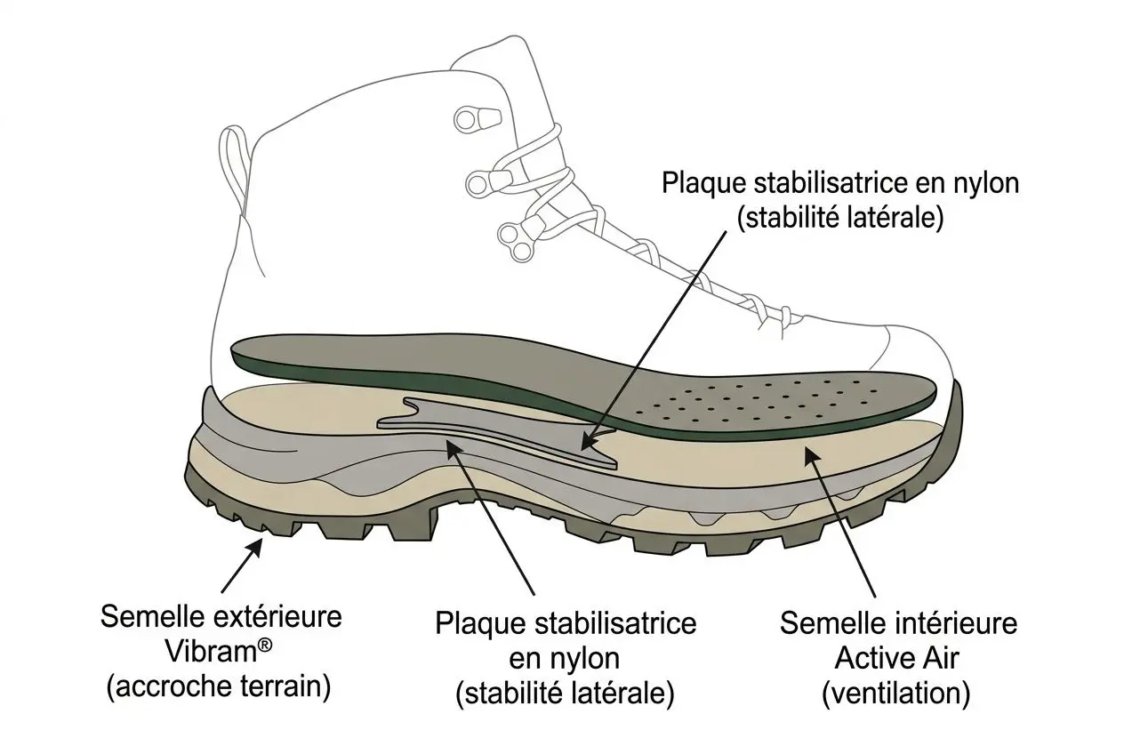 Schéma d’une chaussure de randonnée montrant les couches internes et la semelle Vibram, avec stabilisation en nylon et ventilation Active Air. intégré: comment entretenir ses chaussures de rando en gore tex.