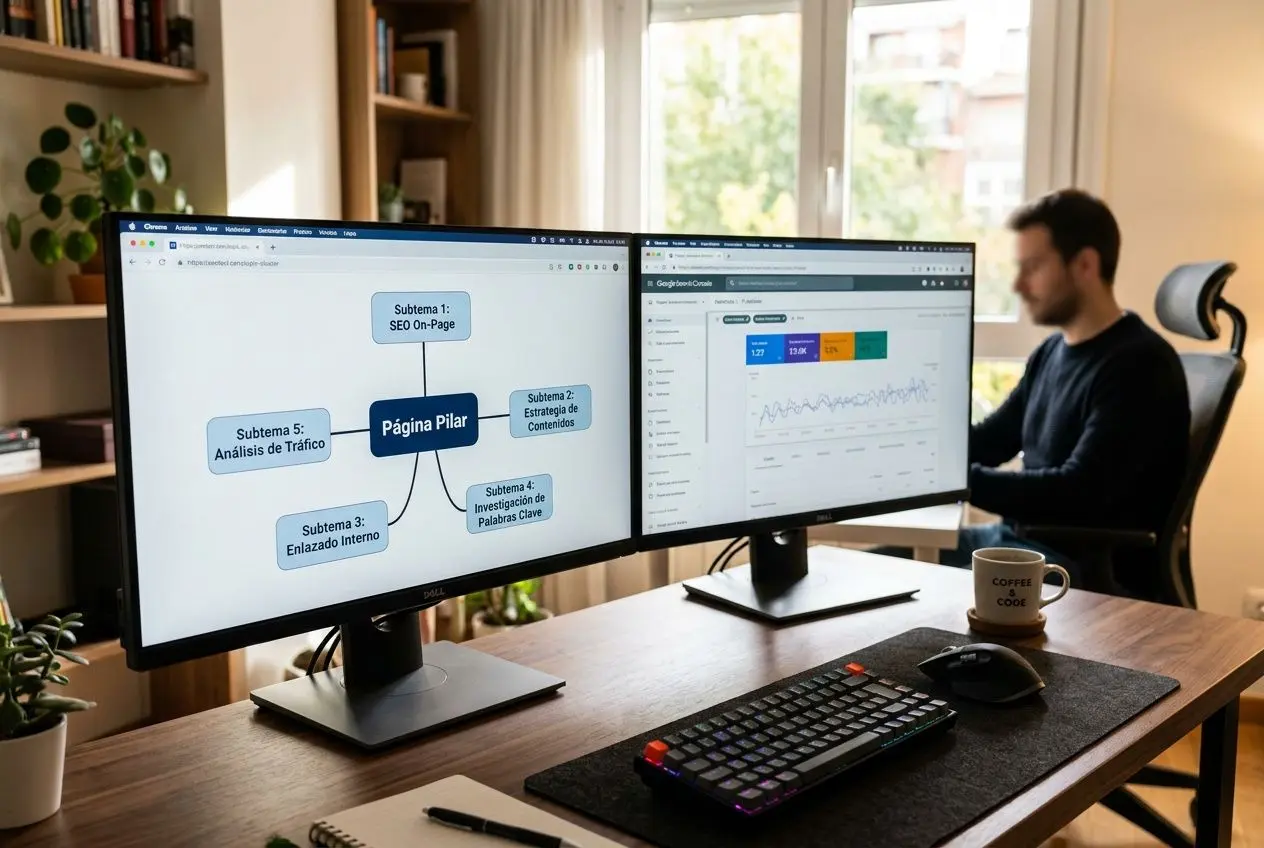 Dos monitores en una mesa de oficina muestran un diagrama de mapas mentales y una consola de analíticas; un hombre trabaja al fondo. herramientas generador topic clusters entretenidas.
