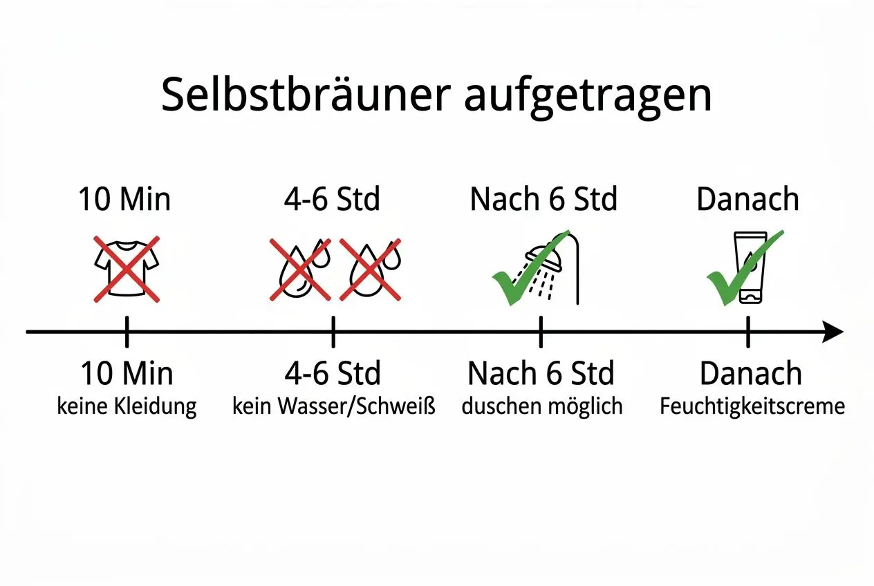 Einwirkzeit-Schrittkarte: 10 Minuten keine Kleidung, 4-6 Stunden kein Wasser, nach 6 Stunden duschen, danach Feuchtigkeitscreme. Selbstbräuner vor dem Sommerurlaub.