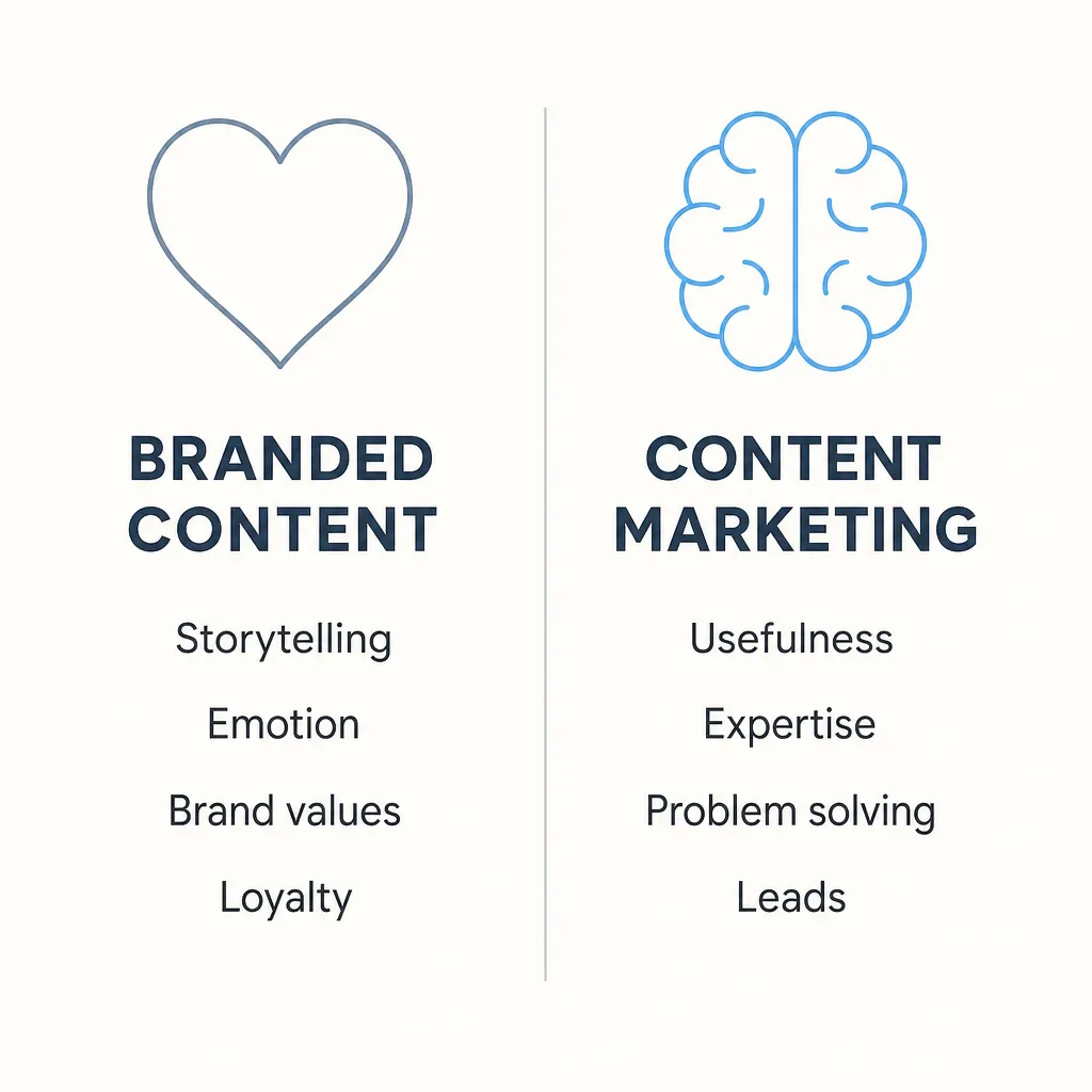 Comparison diagram: branded content built on emotion and brand values versus content marketing built on usefulness and lead generation.