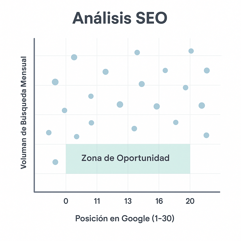 Gráfico que muestra la zona de oportunidad para palabras clave en SEO, destacando los términos que se encuentran entre las posiciones 11 y 20 en los resultados de búsqueda.