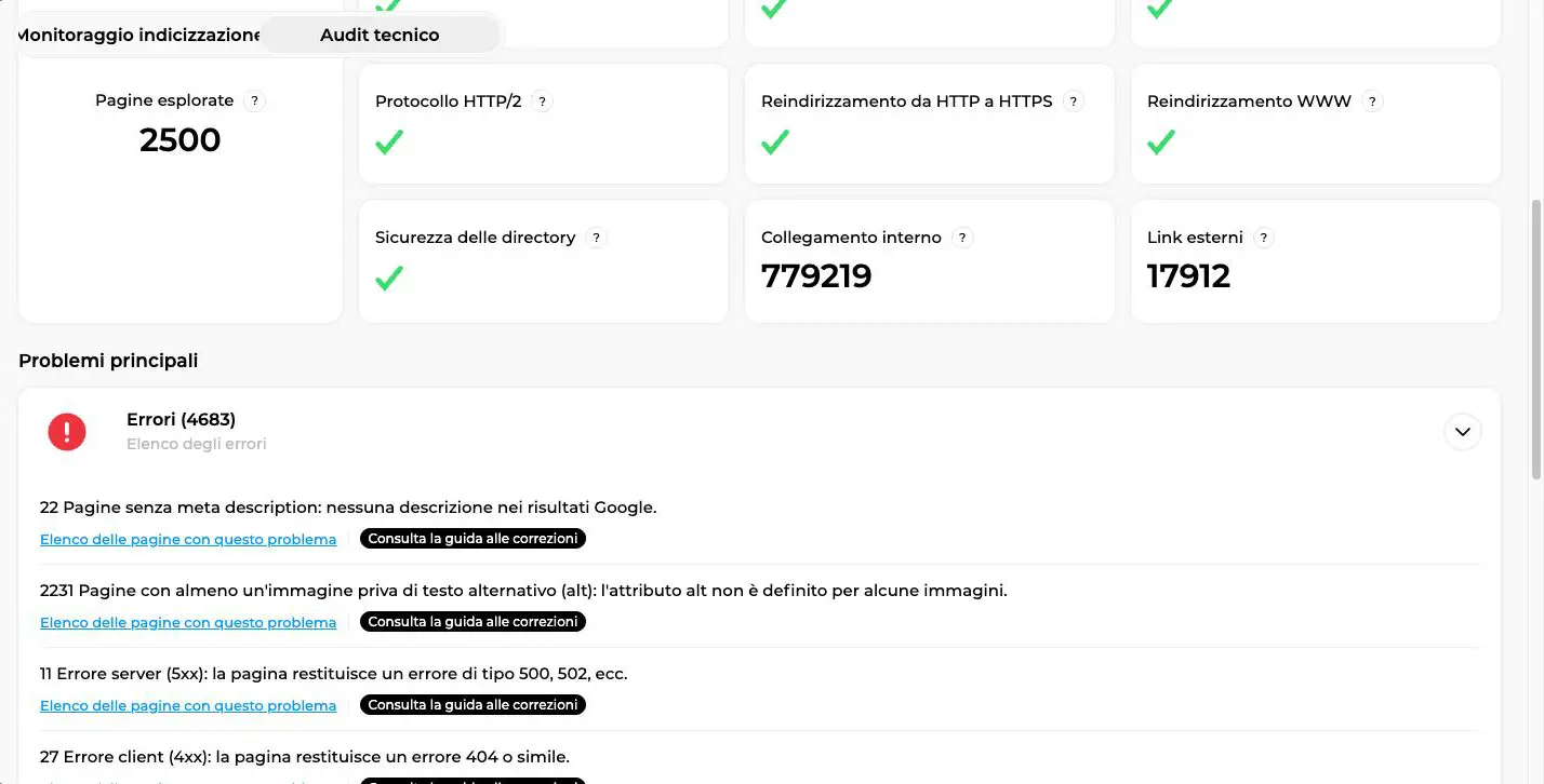 Blocco Problemi principali dell'audit con gli errori aperti e i pulsanti Consulta la guida alle correzioni