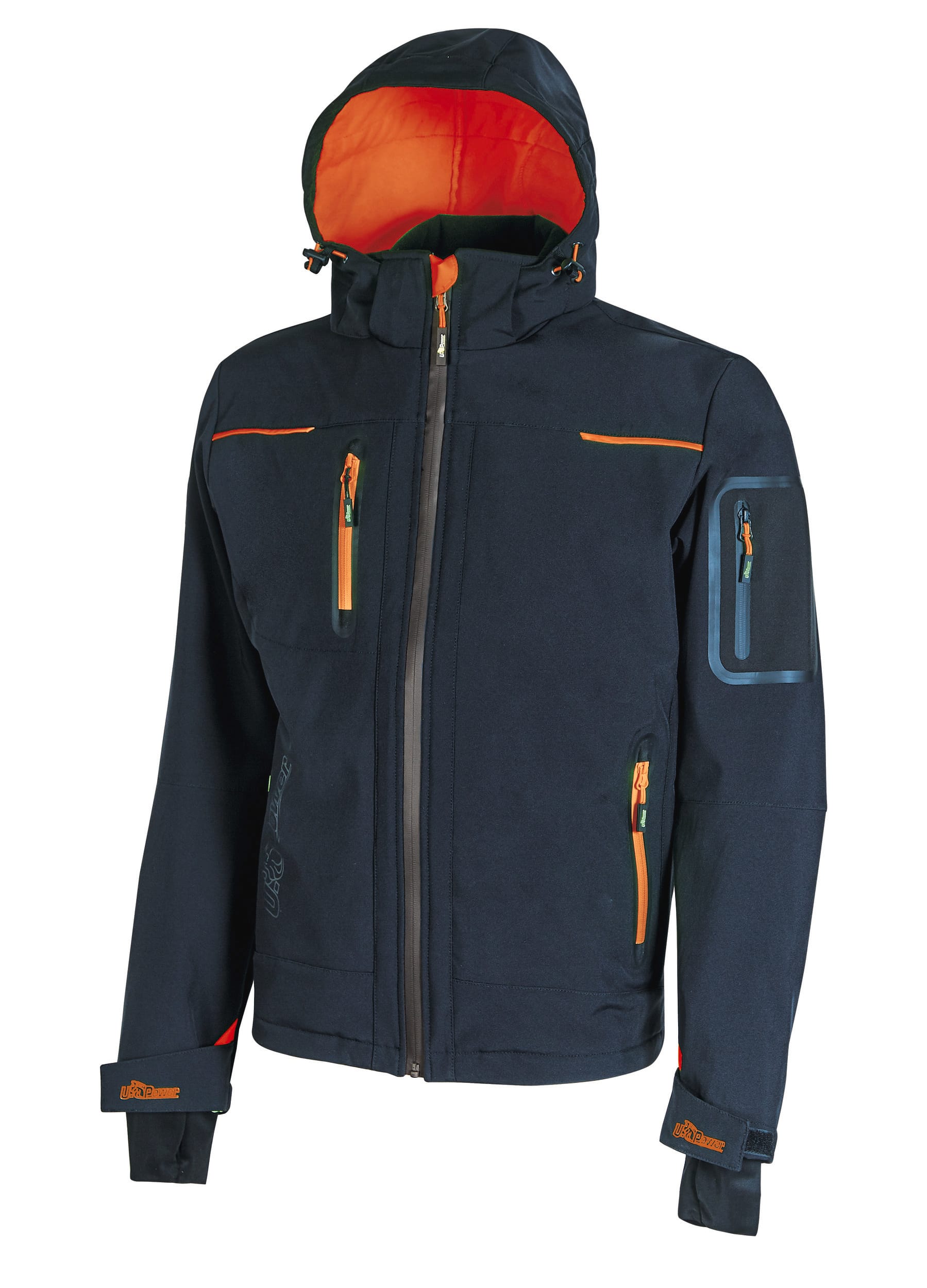 Vêtement de travail professionnel avec logo entreprise: veste bleu marine à capuche orange, poches zippées orange, détail bleu sur le bras et poignet, fermeture zippée centrale.