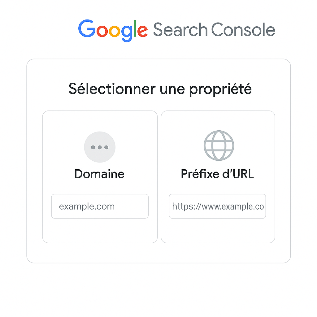 Interface de validation de propriété sur Google Search Console montrant le choix entre la validation par Domaine et par Préfixe d'URL.