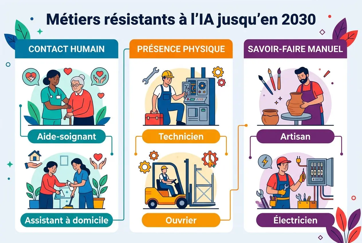 Illustration infographic sur les métiers résistants à l’IA jusqu’en 2030: Aide-soignant et Assistant à domicile (contact humain), Technicien et Ouvrier en usine (présence physique), Artisan et Électricien (savoir-faire manuel). Inclut des éléments de soutien, outils et gestes professionnels. Mots clés: métiers en tension france 2026.