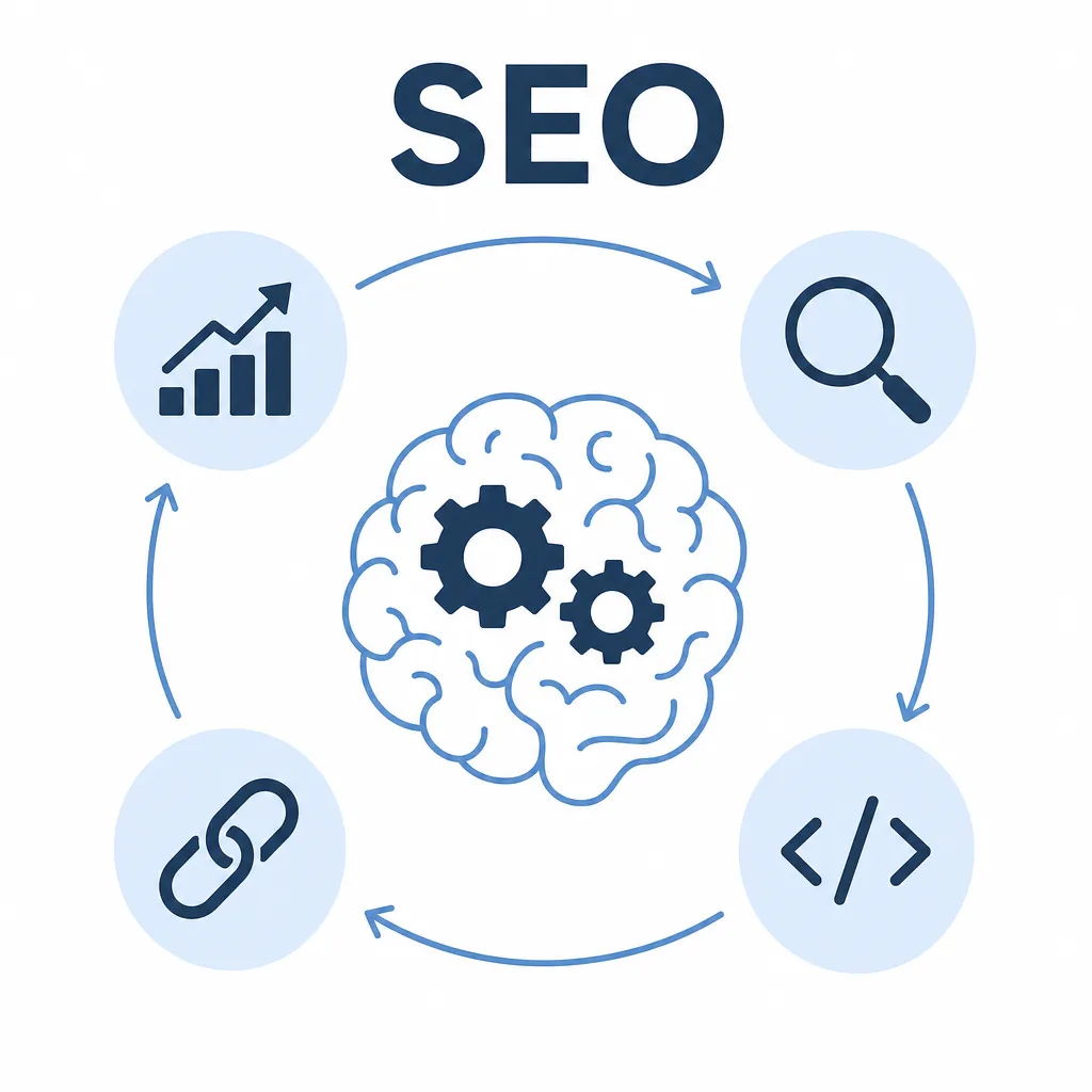 Diagram showing the building blocks of a complete SEO plan: analytics, technical, content and backlinks.