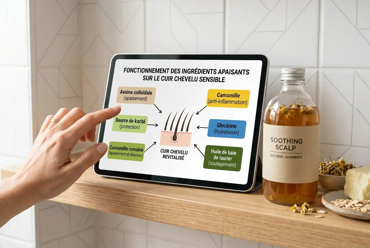 Tablette tactile montrant les ingrédients apaisants pour cuir-chevelu sensible, avec flacons d’huile et savon sur étagère. meilleur shampoing naturel grande surface intégré naturellement.