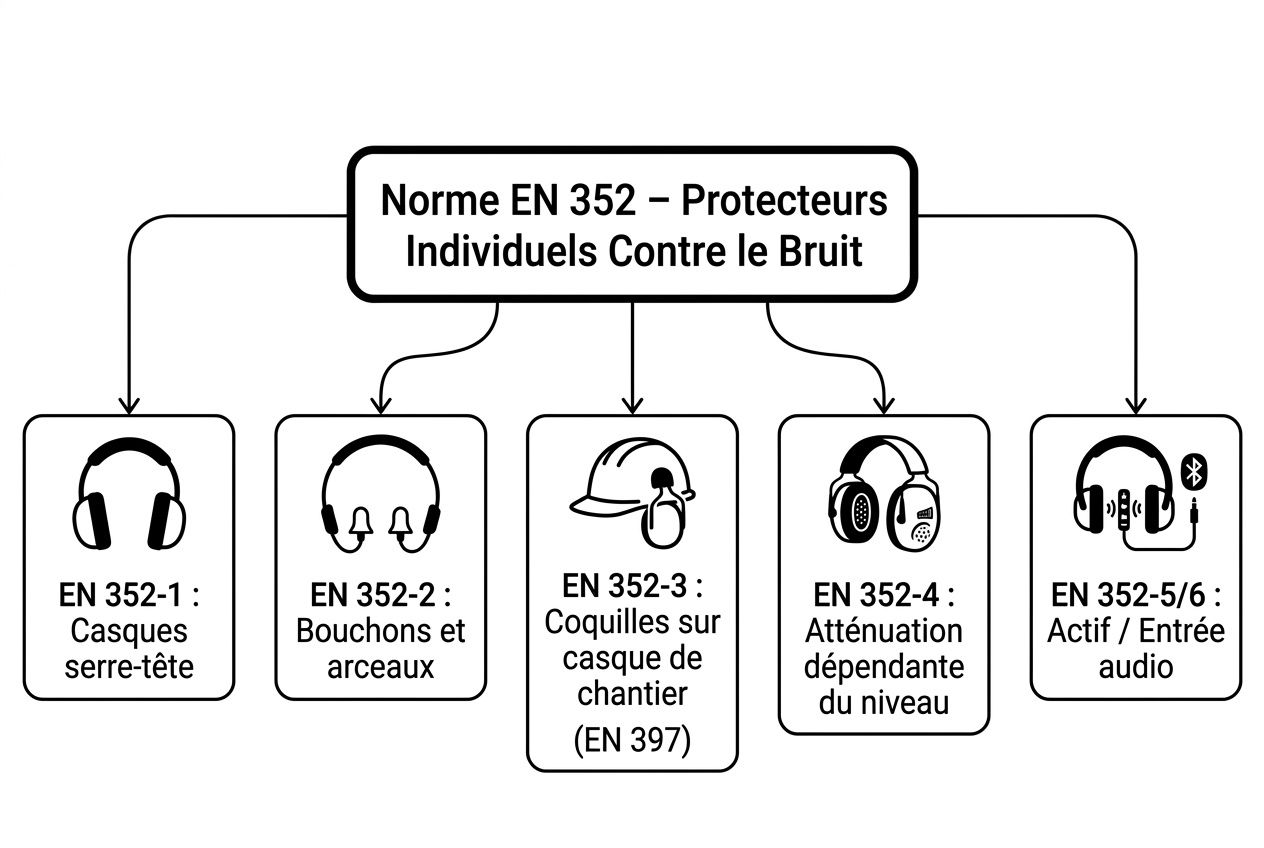 Schéma des protections auditives selon EN 352, montrant casques, bouchons, coquilles et sur-mesure pour le bruit et le niveau SNR.