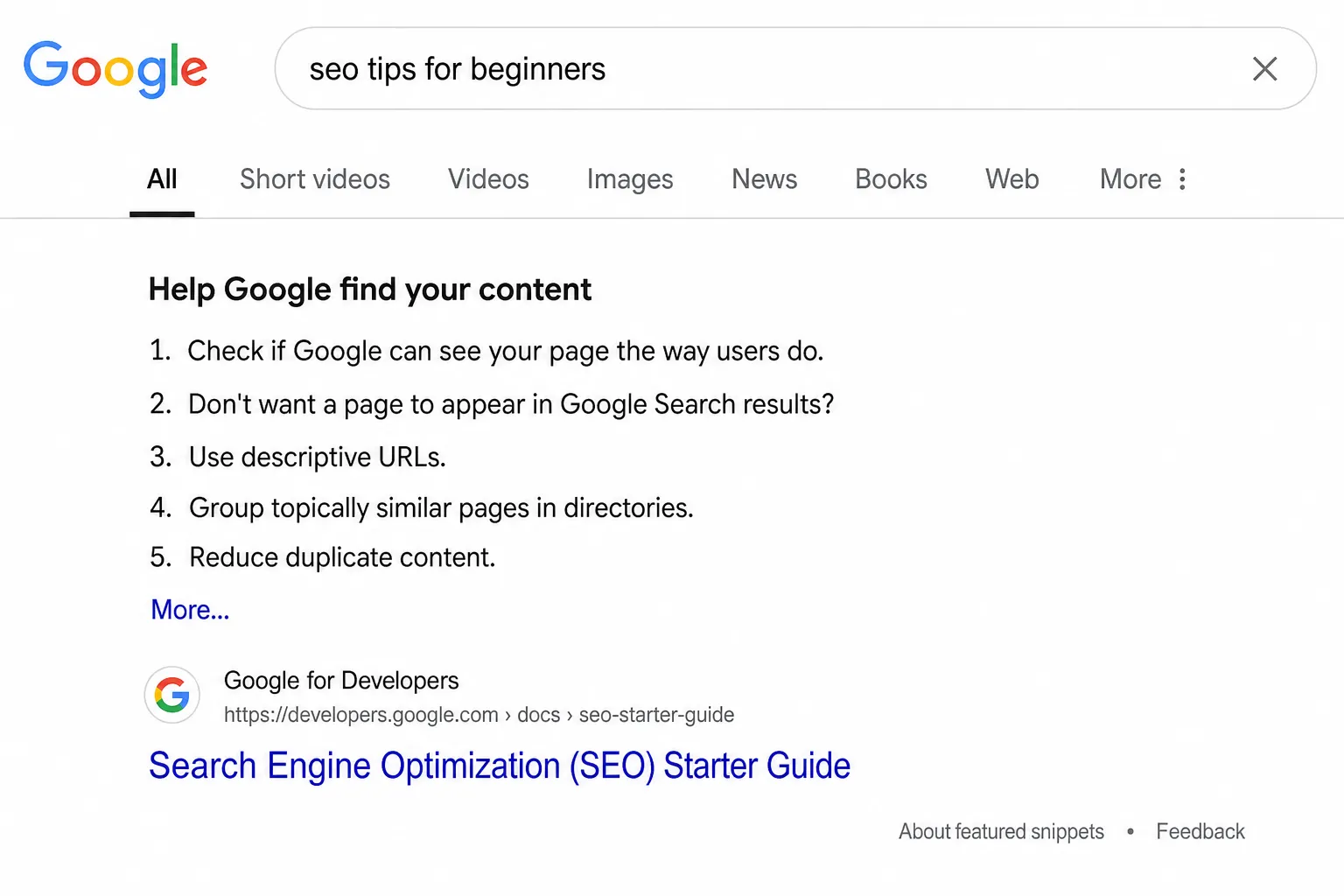 Screenshot of a Google SERP showing a numbered-list featured snippet with beginner SEO tips from Google's SEO Starter Guide.
