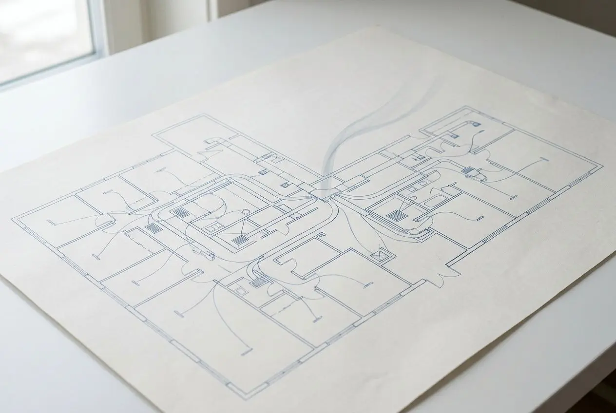 Plan d’étage/architecture sur plan de bâtiment, prêt pour étude VMC et permis de construire, reflet de dimensionnement VMC. permis de construire et étude vmc obligatoireاحية