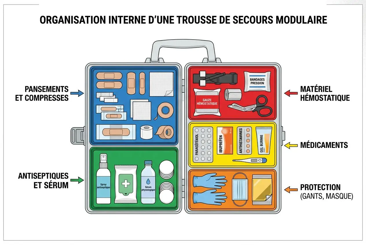 Cartographie d'une trousse de secours modulable ouverte, montrant tous les compartiments: pansements et compresses, antiseptiques et sérum, matériel hémostatique, médicaments, protection (gants, masque), avec étiquette “organisation interne”. Inclut le thème: comment composer son kit premier secours.