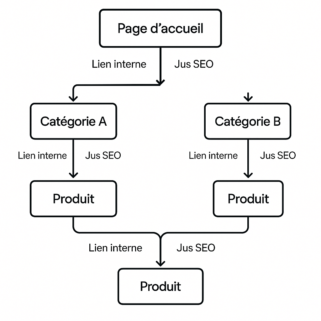 Schéma illustrant la structure du maillage interne d'un site e-commerce, montrant comment l'autorité SEO circule de la page d'accueil vers les catégories, les produits et les articles de blog.