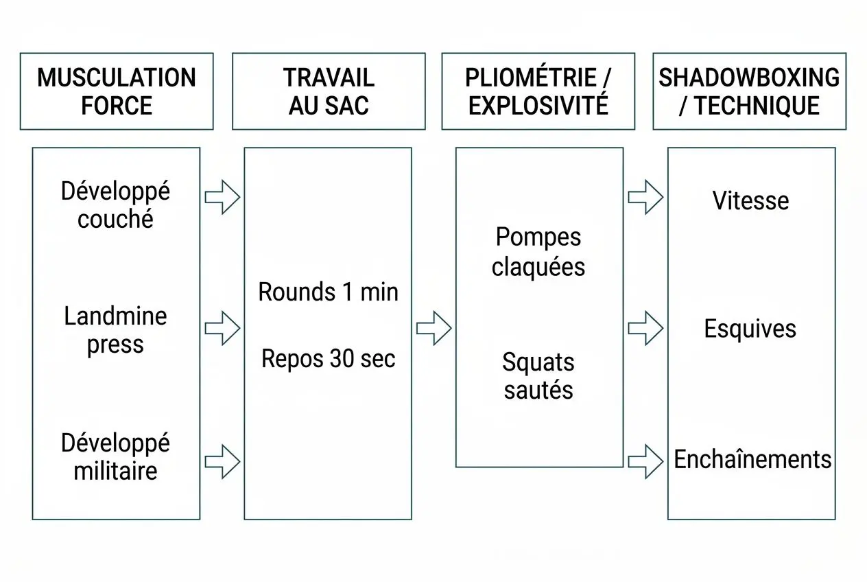 Schéma du programme plan d'entraînement boxe: colonnes “Musculation force”, “Travail au sac”, “Pliométrie / Explosivité” et “Shadowboxing / Technique” avec des blocs tels que Développé couché, Landmine press, Développé militaire; Rounds 1 min, Repos 30 sec; Pompes claquées, Squats sautés; Vitesse, Esquives, Enchaînements.