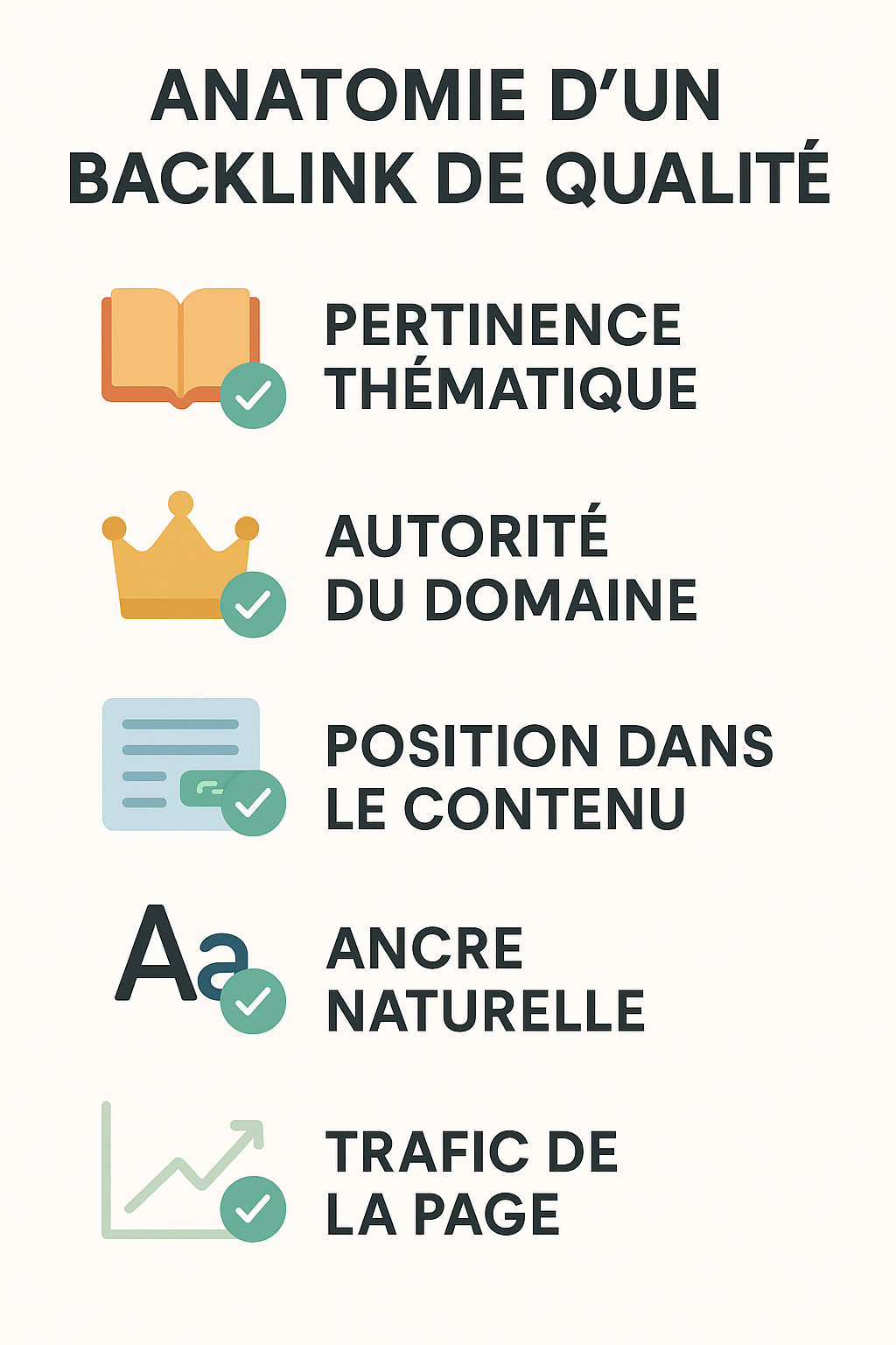 Checklist visuelle des 5 critères d'un backlink de qualité : pertinence, autorité, position, ancre et trafic.