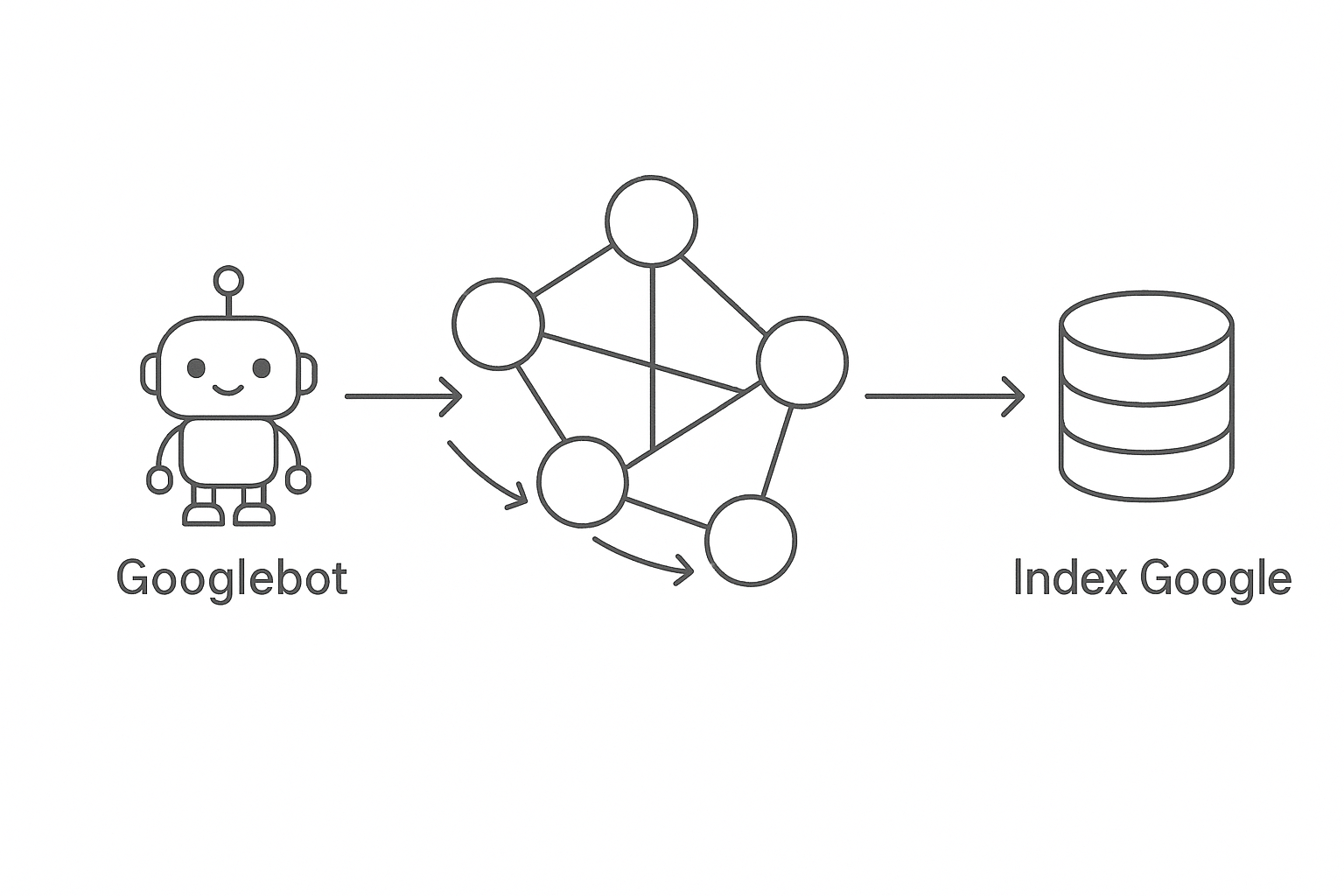 Schéma simplifié du processus de crawl et d'indexation : un robot Google explore le web et ajoute les pages pertinentes à son index.