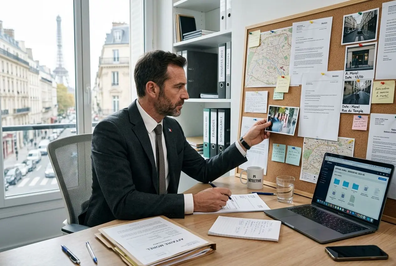 Homme d’affaires en costume, assis à un bureau, consulte un tableau d’enquêtes et détache des notes près d’un ordinateur portable. Alt text pour "comment devenir détective privé agréé cnaps".