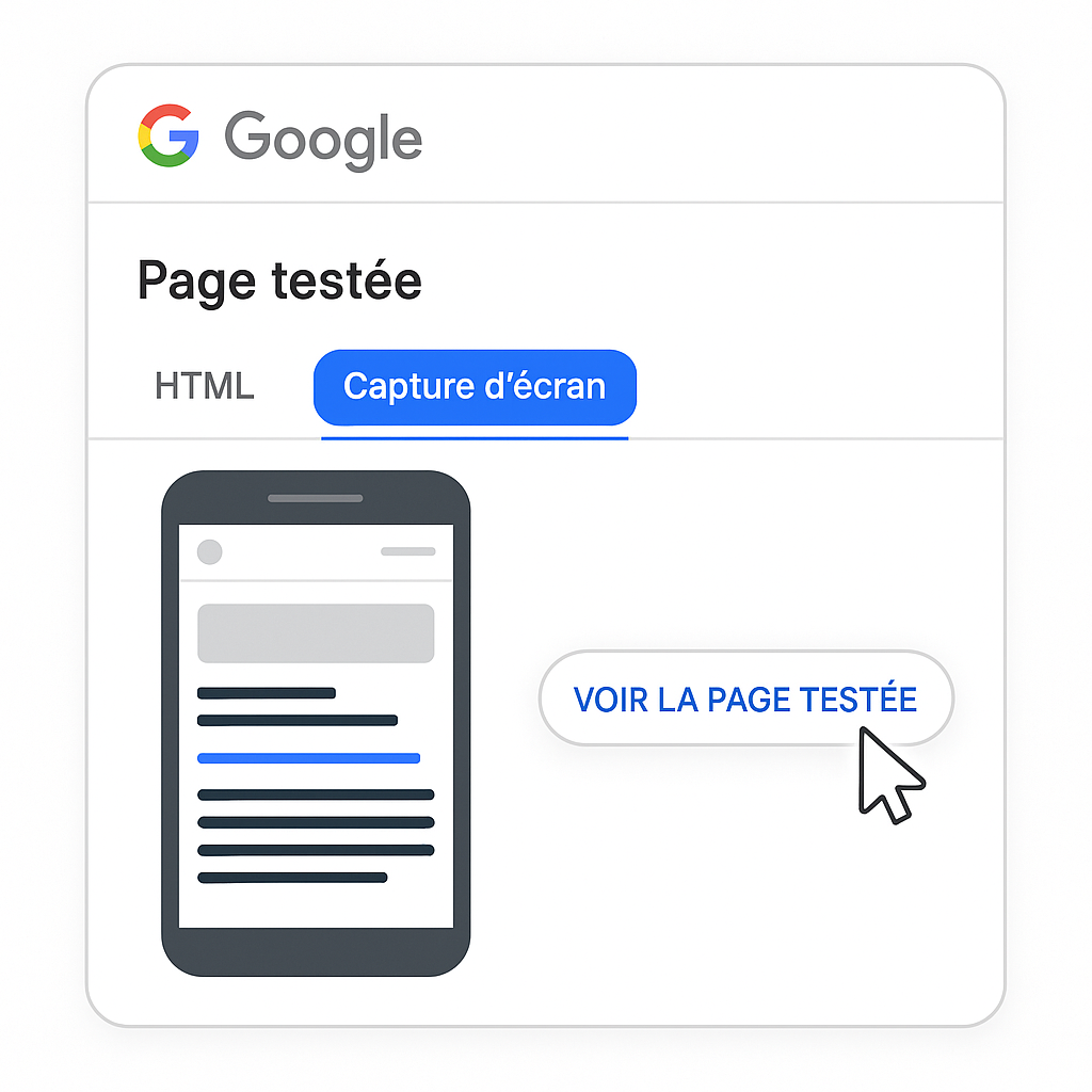 Interface de l'outil d'inspection d'URL dans la Google Search Console montrant le résultat d'un test d'URL en direct.