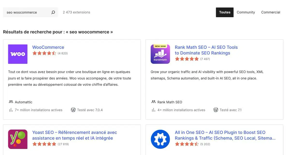 Répertoire WordPress, recherche seo woocommerce : 2 473 extensions, Rank Math 4+ millions d'installations actives, Yoast SEO 27 819 avis