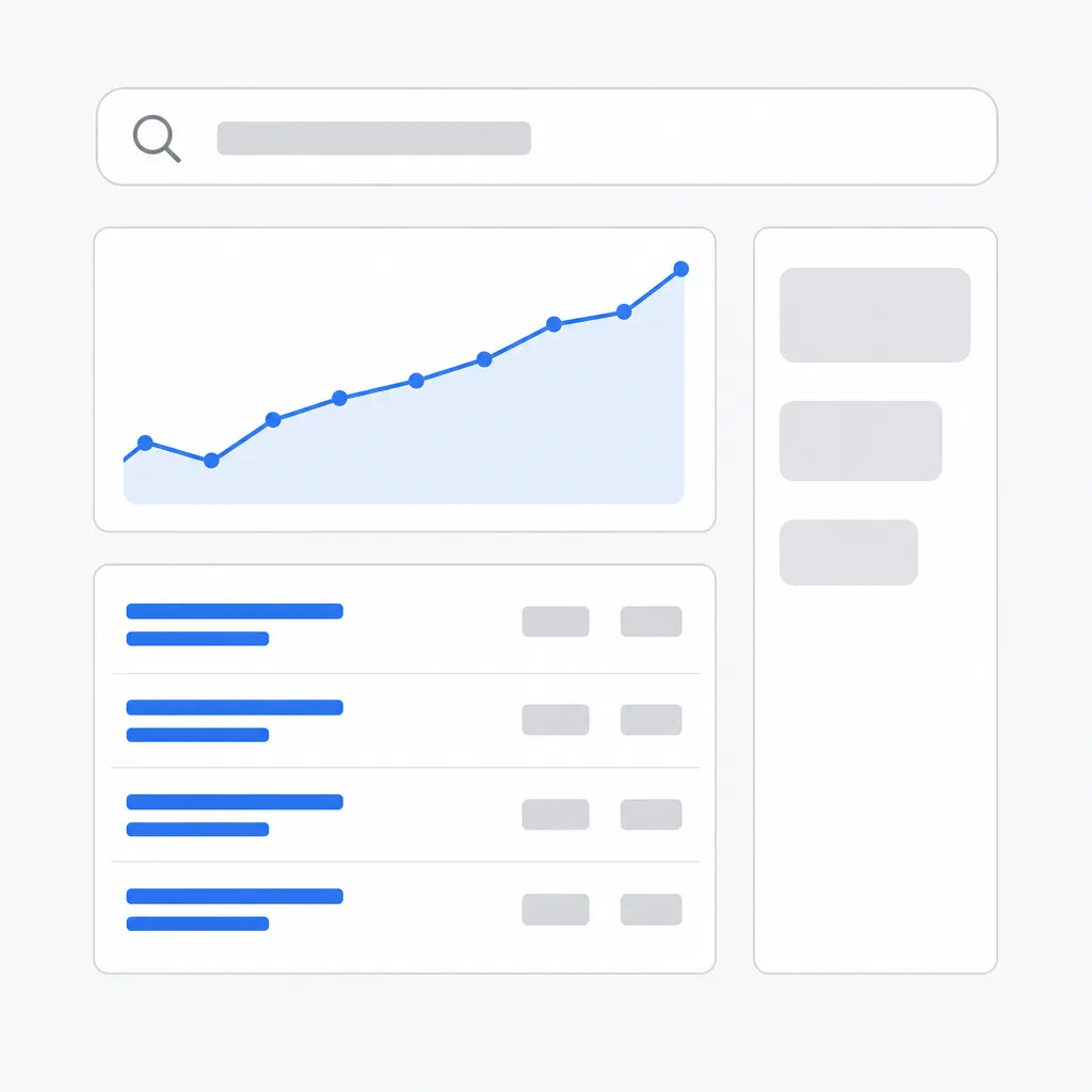 Illustration d'une interface d'analyse SEO : barre de recherche, courbe de tendance, liste de résultats et trois étiquettes thématiques.