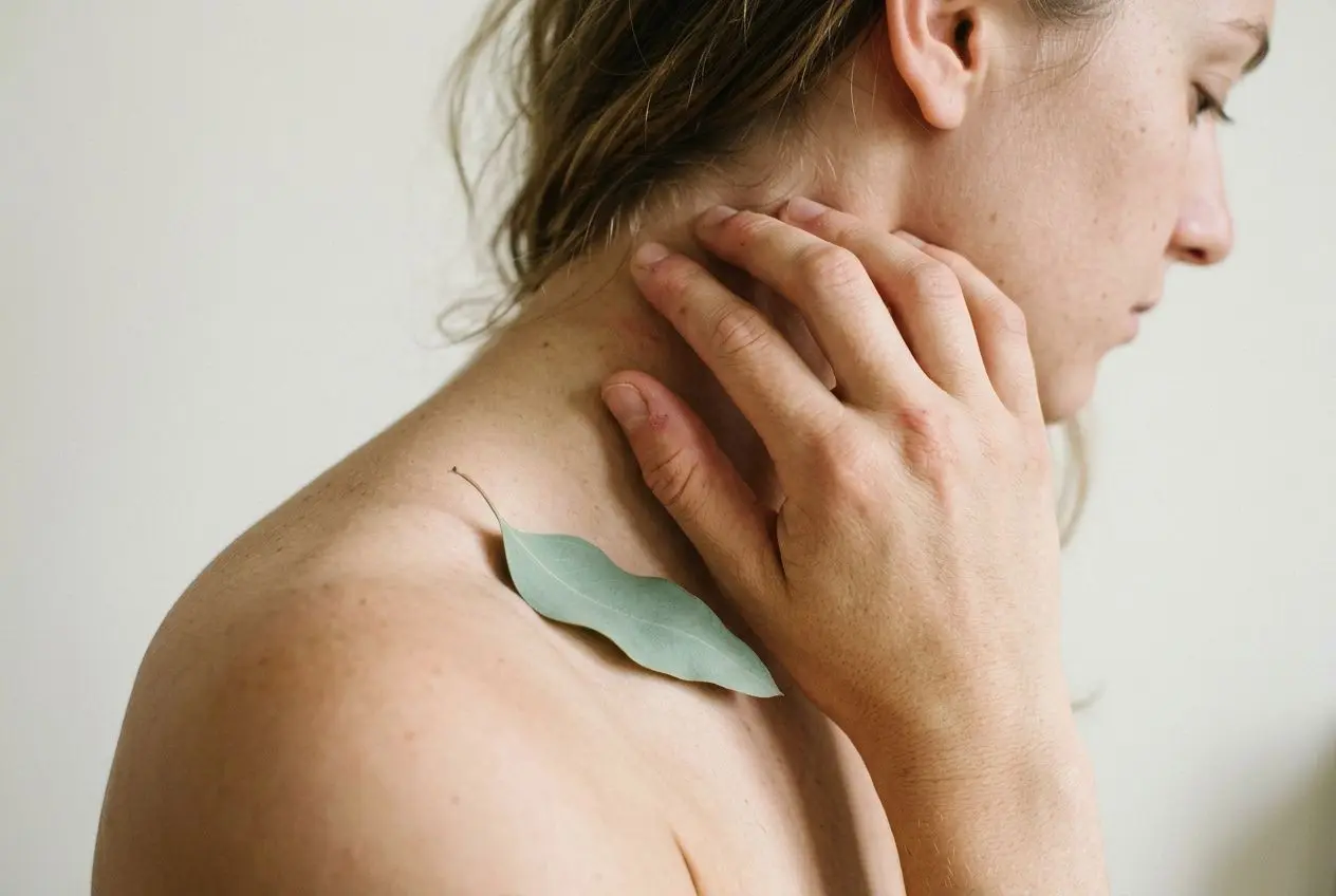 Jeune femme se tenant le cou, dos nu, avec une feuille sur l’épaule, évoquant douleur épaule cou et tension cervicale.