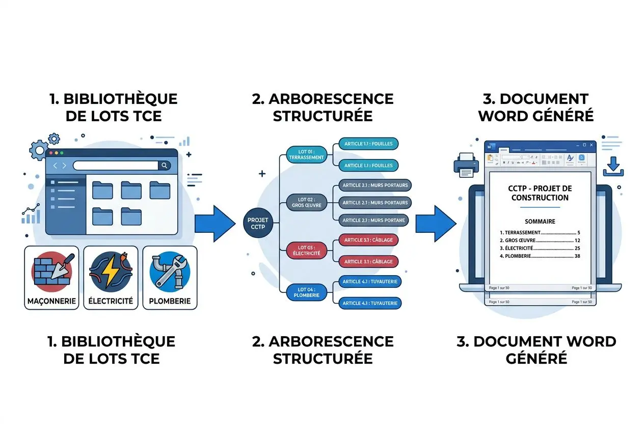 Diagramme illustrant la “structuration cctp métiers” avec bibliothèque de lots TCE, arborescence structurée et document Word généré pour chaque métier (maçonnerie, électricité, plomberie).