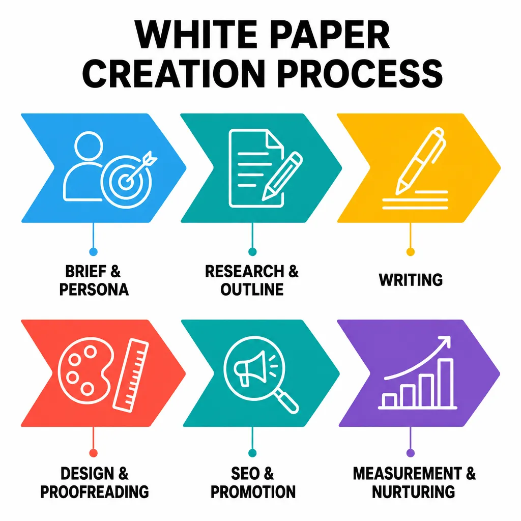 Infographic of the 6 key steps to create an effective white paper: Brief & Persona, Research & Outline, Writing, Design & Proofreading, SEO & Promotion, Measurement & Nurturing.