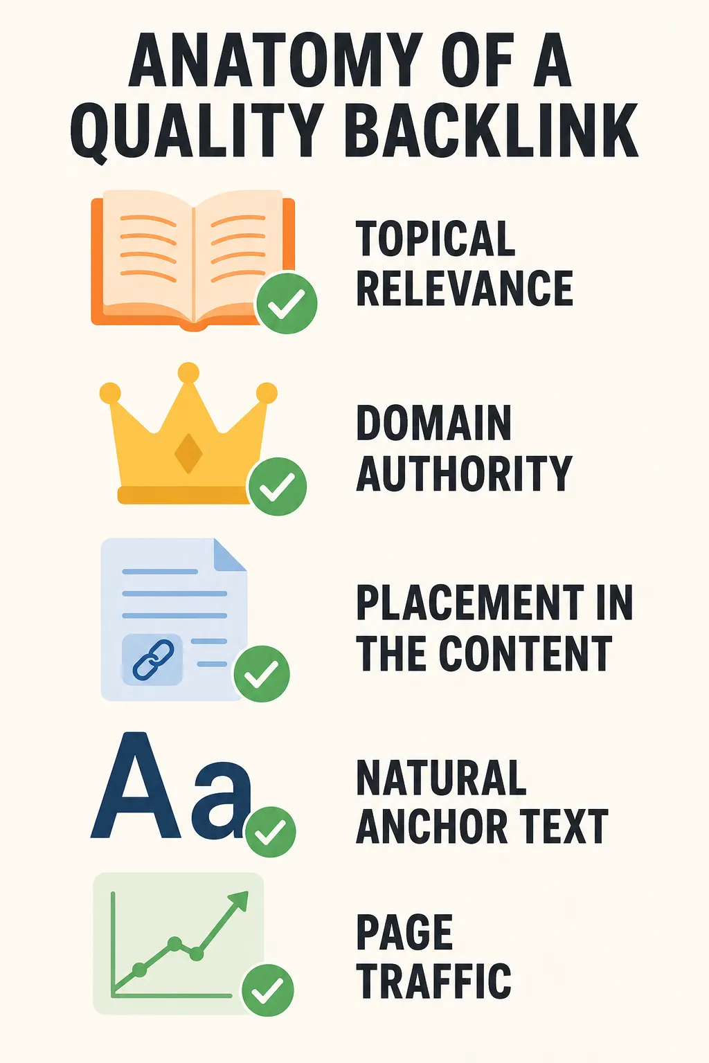 Visual checklist of the 5 criteria of a quality backlink: relevance, authority, placement, anchor and traffic.