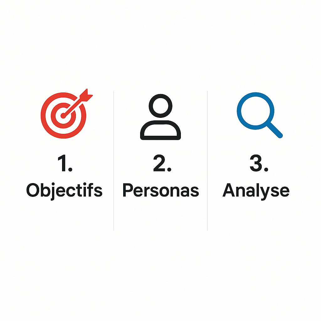 Infographie des 3 piliers d'un plan éditorial : Objectifs, Personas, et Analyse concurrentielle.