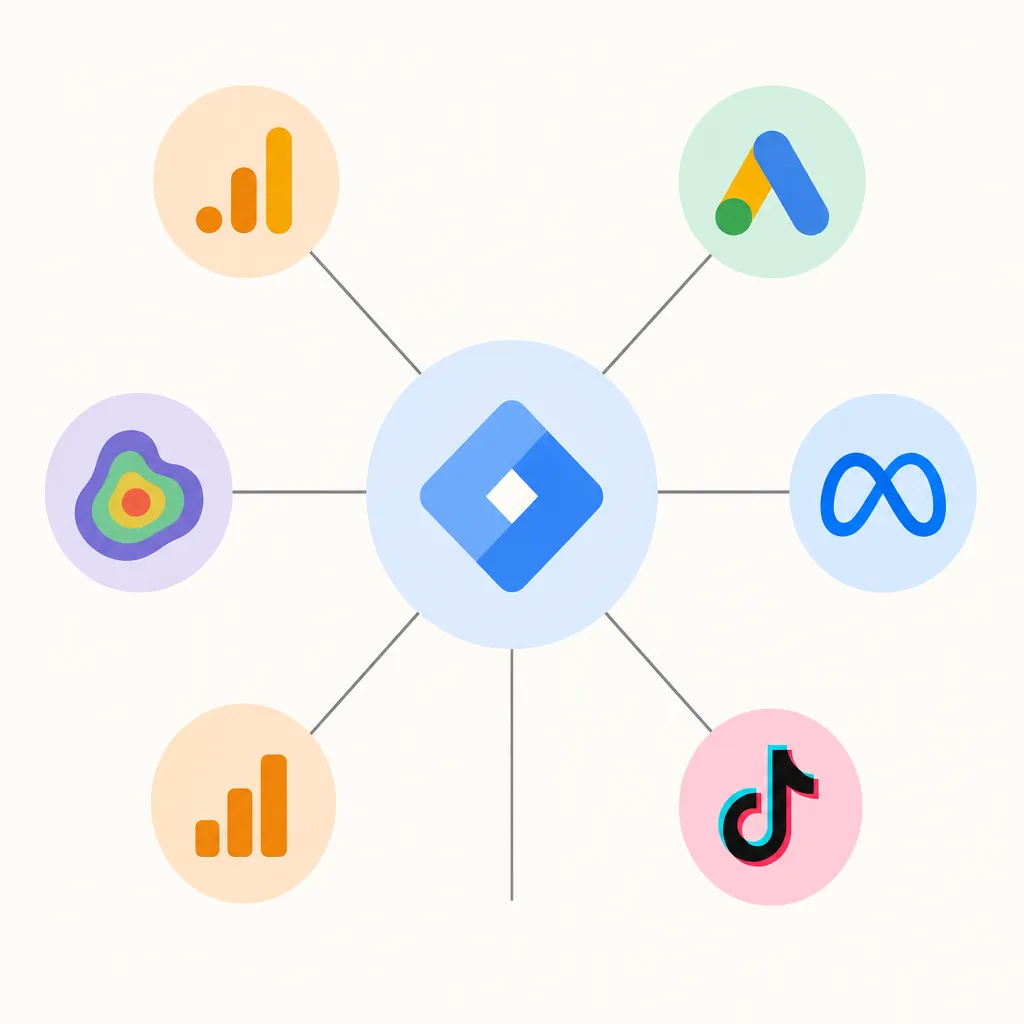 Diagram showing Google Tag Manager as a central hub connecting various marketing and analytics tools.