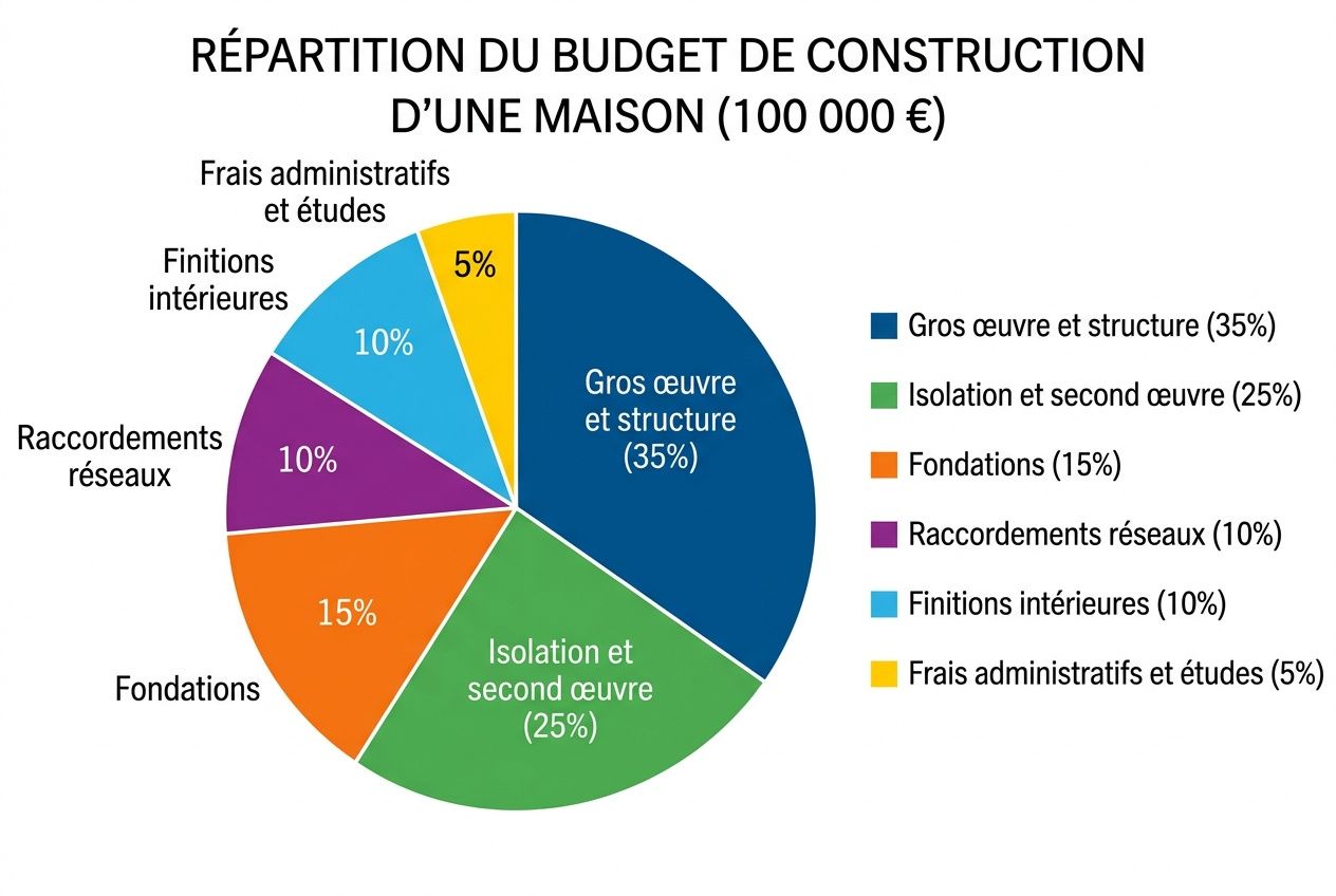 Répartition du budget de construction d’une maison (100 000 €) : graphique en camembert avec segments Gros œuvre et structure (35%), Isolation et second œuvre (25%), Fondations (15%), Raccordements réseaux (10%), Finitions intérieures (10%), Frais administratifs et études (5%). Inclut le mot-clé construction maison 100 000 euros.