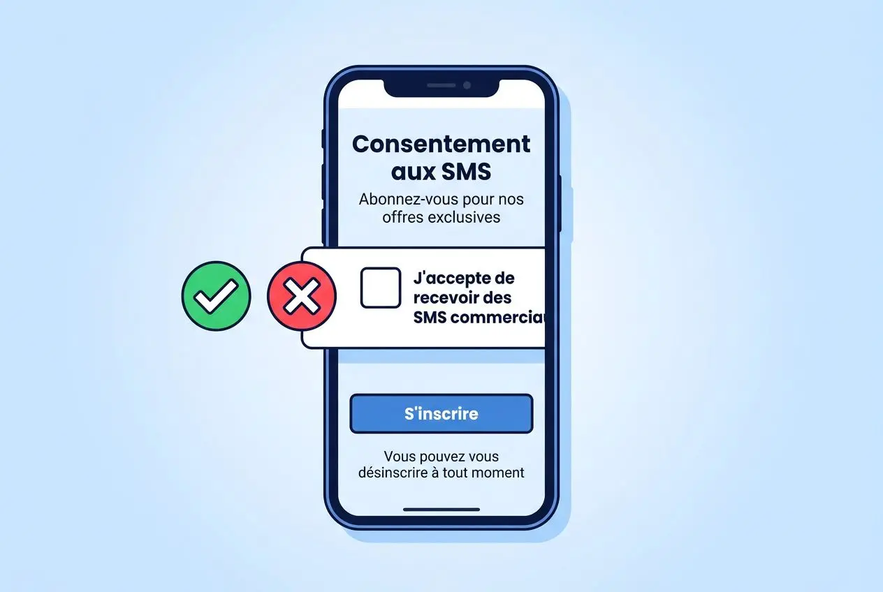 Consentement aux SMS affiché sur un smartphone avec cases validation et refus, illustration des choix d’abonnement et de notification. Réglementation sms commerciaux liée au consentement.