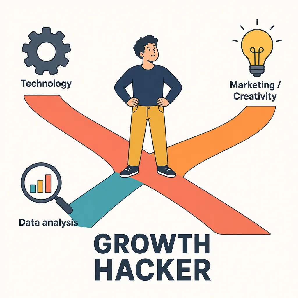 Illustration of a growth hacker standing at the crossroads of technology, data analysis and marketing creativity.